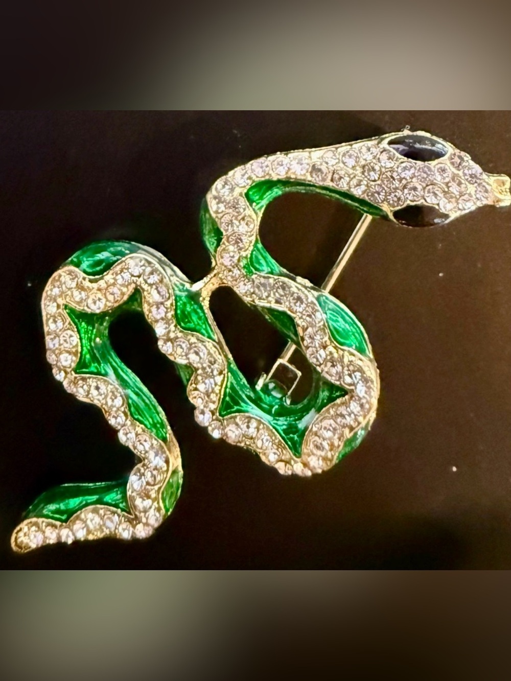 Green Crystal Snake Brooch - Lapel Pin